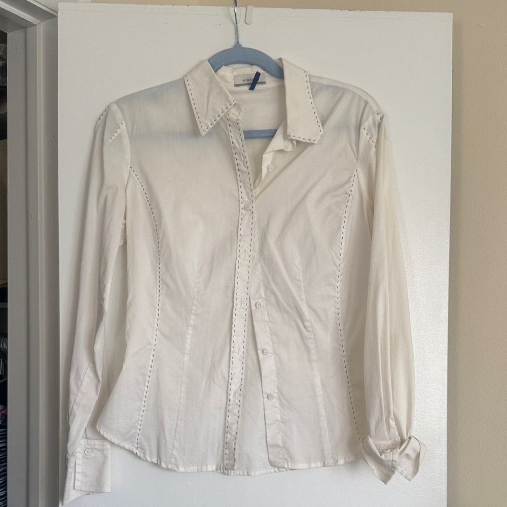 Hirsch White Button Down Shirt Contrast Black Stitching Size 4